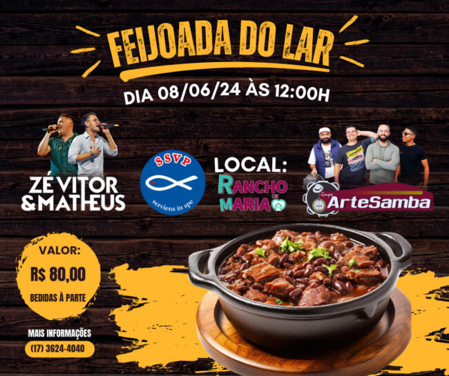 Foto promocional do Evento da Feijoda, mostrando os cantores que irão realizar os shows e uma foto ilustrativa de uma feijoada.