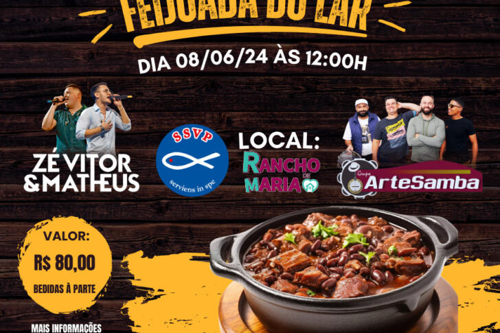 Foto promocional do Evento da Feijoda, mostrando os cantores que irão realizar os shows e uma foto ilustrativa de uma feijoada.