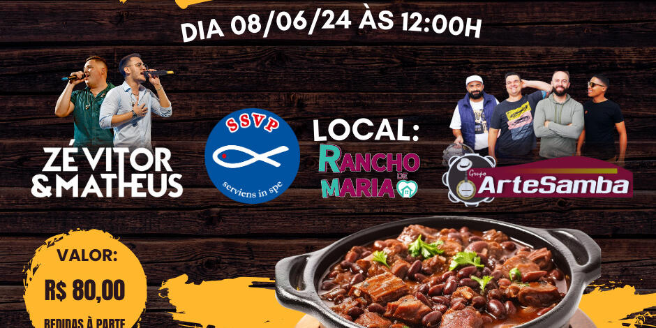Foto promocional do Evento da Feijoda, mostrando os cantores que irão realizar os shows e uma foto ilustrativa de uma feijoada.